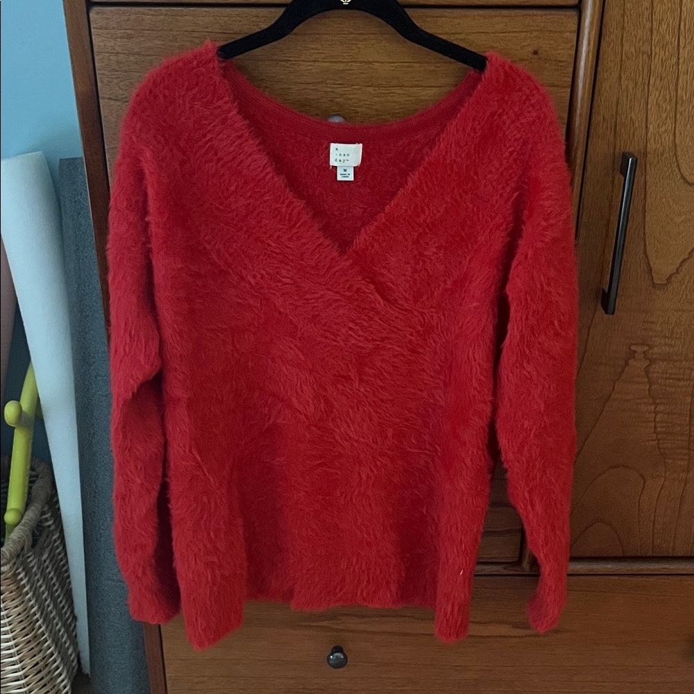 a new day fuzzy Red V-Neck Sweater